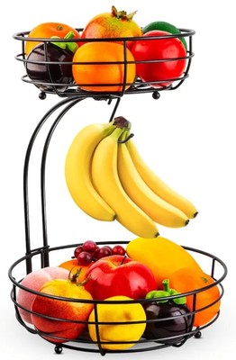 Iron 2-Tier Countertop Fruit Vegetables Basket Bowl Storage With Banana Hanger