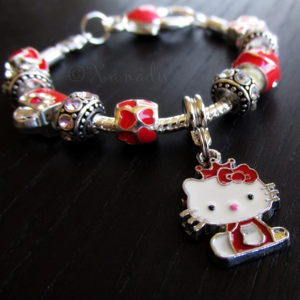 Red Hello Kitty Princess European Charm Bracelet With Ruby Red Rhinestone  Beads