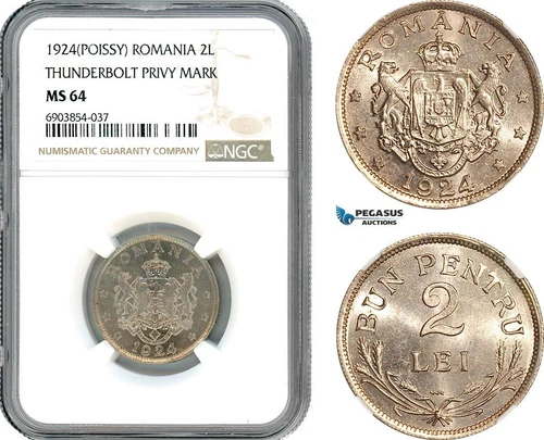 AK262, Romania, Ferdinand, 2 Lei 1924 (Thunderbolt) Poissy Mint, NGC MS64