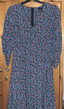 Ladies Pretty BLUE  Floral TEA~DRESS Ditsy Long~Sleeve V~Neck NEW~LOOK Fit&Flare