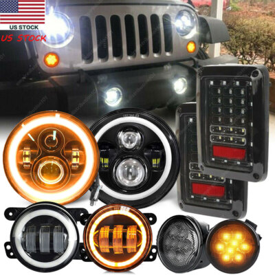 7'' Inch RGB LED Halo Headlights 4" Fog Light Combo Kit For Jeep