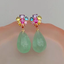 Natural Green Fluorite Teardrop Cz Pave Stud Dangle Earrings