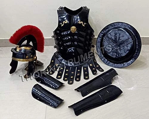 Conjunto de armadura corporal muscular medieval casco centurión romano, protector de pierna y brazo, escudo Foto 2 de 4