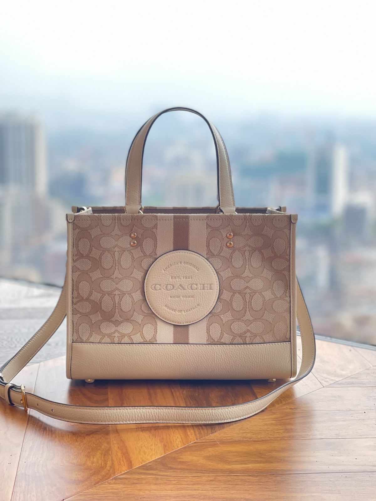 Coach Dempsey Signature Jacquard Stripe Light Khaki Tote Bag C8448