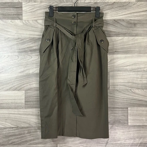 H&M Womens Utility Skirt Green Knee Length Paper Bag Waist Belted Pockets 2 New