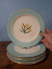 CHINA: International D.S. Co. Ohio VIKING Wheat Aqua Blue DINNER PLATES (6), 10"