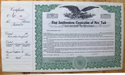 Stock certificate First Southwestern Corporation of New York. State of New York