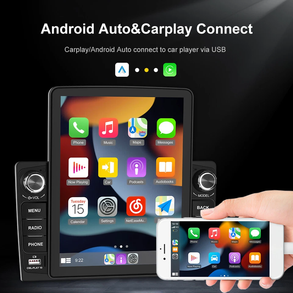 9.5" Car Radio Carplay Apple/Andriod Car Stereo Touch Screen Double 2Din +Camera - Image 3 of 4
