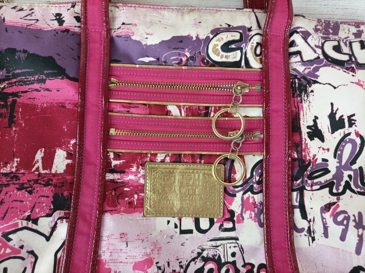 COACH Poppy Graffiti Glam Satin Double Handle Zipper Tote COACH Poppy Graffiti Glam Satin Double Handle Zipper Tote