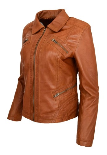 Womens Real Leather Biker Style Jacket Fitted Casual Zip Fasten Black Brown Tan - Picture 22 of 26