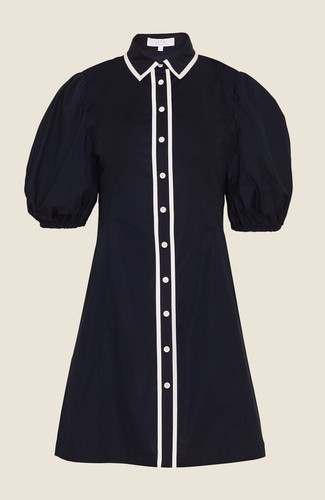 $395 Pearl by Lela Rose | Cotton Poplin A-Line Dress | Navy | 12 - Picture 6 of 8