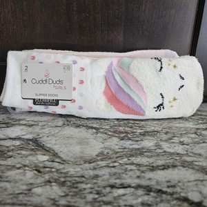 CuddlDuds 2 Pack PlushFill Girls Slipper Socks White PinkUnicorn Size 4-10 New  