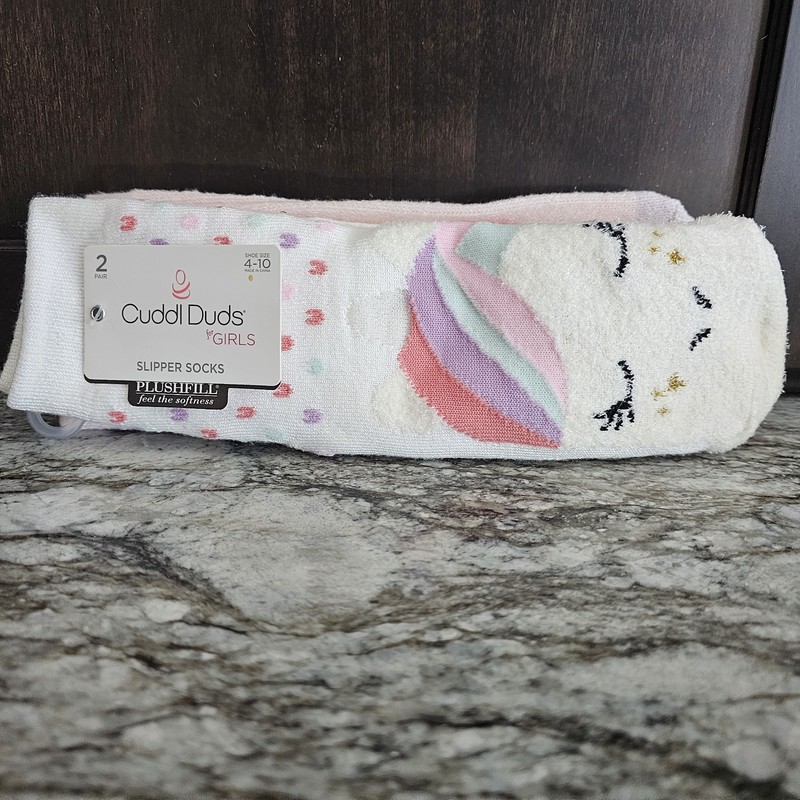 CuddlDuds 2 Pack PlushFill Girls Slipper Socks White PinkUnicorn Size 4-10 New  