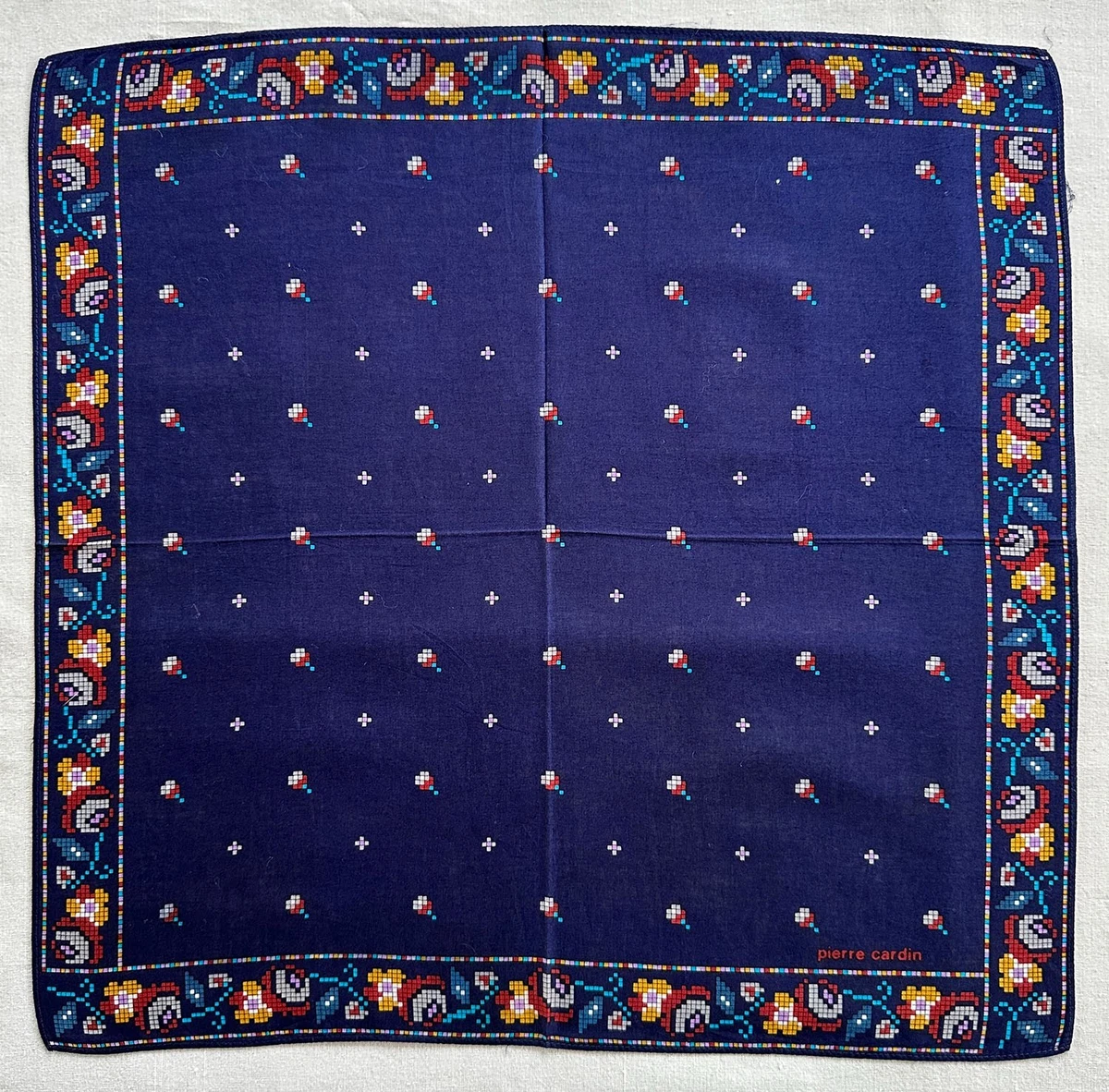 VTG Handkerchief Blue Cotton Floral Cross-Stitch Red Yellow Pocket Square 16"~G