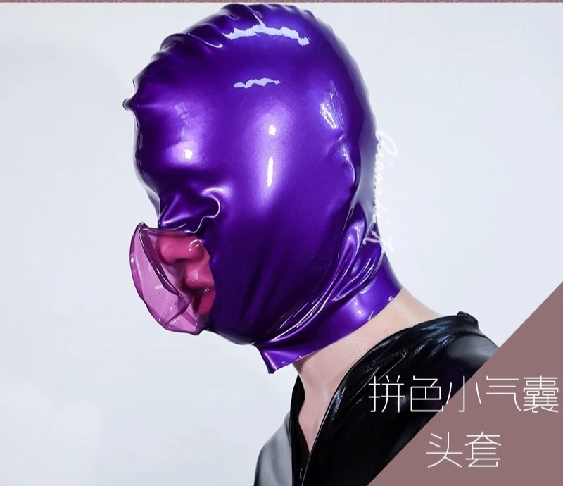 Full cover latex mask hood with breath space 8mm hole back zip