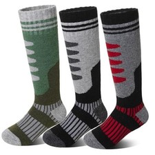Kids Merino Wool Ski Socks 3 Pairs Boys Girls Thermal 8-12 Years Grey/Green