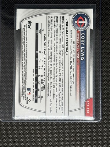 2025 Bowman CORY LEWIS #BCP-128 1st Chrome Prospects Blue Refractor /150 - Twins - Picture 2 of 2