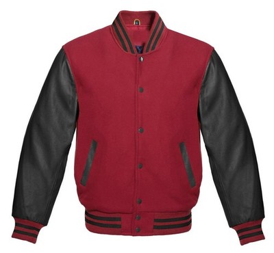 Varsity Letterman Unisex Marron wool  Black Retro Leather Sleeves Bomber Jacket