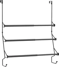 Adjustable Over The Door Triple Towel Rack with Hooks Bar Hanger for Bathroom