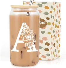 Personalized Initial Glass Cup 16 Oz W/Lid & Straw - Gifts for Women, Moms