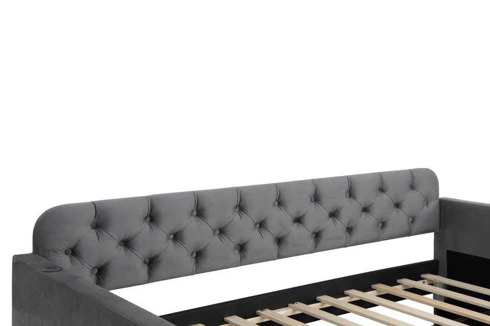 Cama de dia estofada de veludo tamanho duplo com rodízio e design de carregamento USB - Imagem 3 de 4