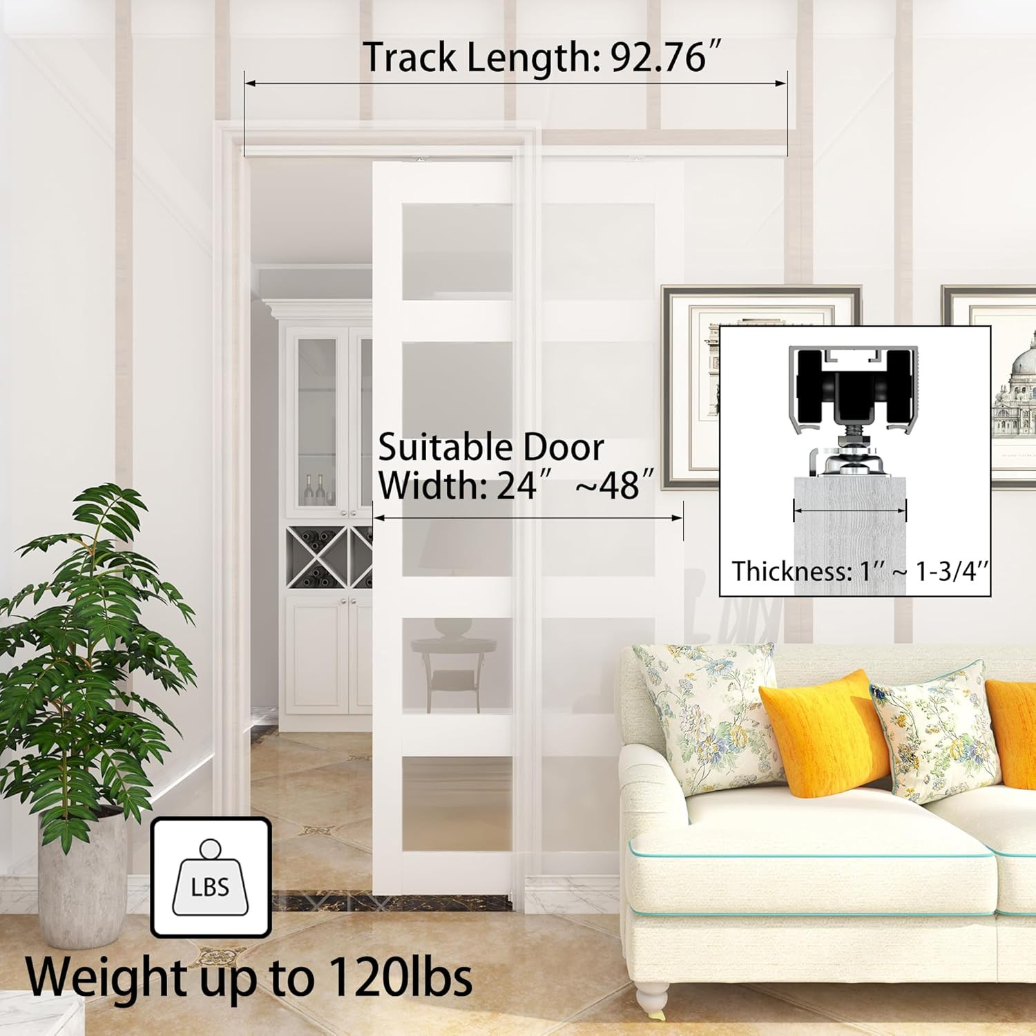 8FT Commercial Grade Pocket Door Hardware and Track Set with Soft Close Mechanis