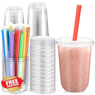 Ziliny 50 Sets 16oz Clear Cups Multicolor Smoothie Straws