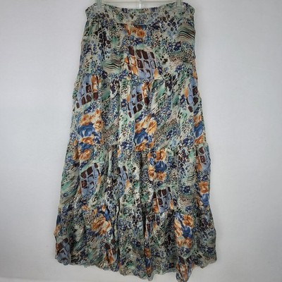 Costa Blanca Womens XS Smocked Waist Tiered Maxi Skirt Floral Animal Print
