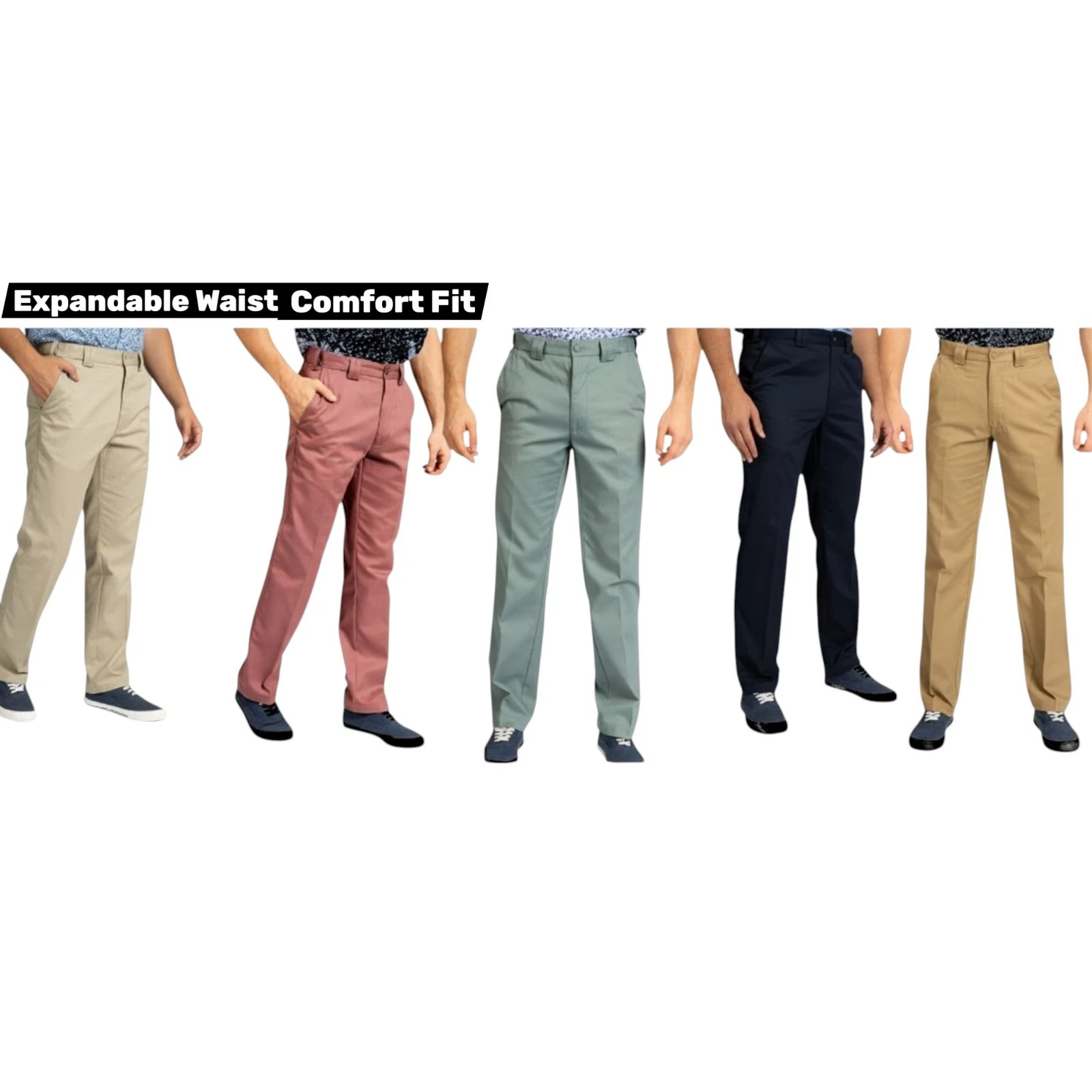 Men's Chino Trousers 25"Leg Extra Short Regular Fit Cotton Self Expandable Waist