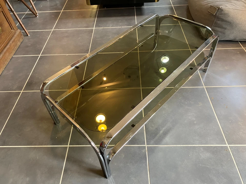 Table basse double plateau verre chrome style Bauhaus vintage 1970 - Photo 3/4