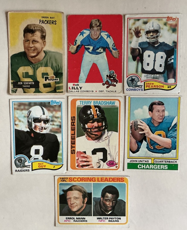 LOT OF 6 TOPPS & 1 BOWMAN FOOTBALL CARDS, NFL, Bradshaw, Lilly, Unitas, Payton