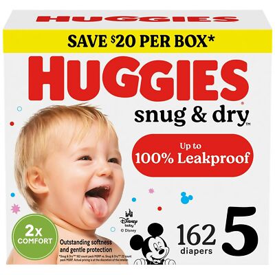 Kimberly Clark 55866 Huggies Snug & Dry Baby Diapers, Size 5 (27+ lbs), 162 Ct