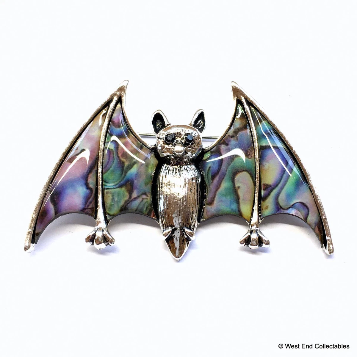 Rainbow Bat in Flight Brooch ArtDeco Gothic Style Halloween Silver