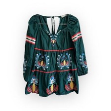 Anthropologie Let Me Be Embroidered Tunic Mini Dress Size XS Green Long Sleeve