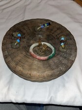 Vintage Chinese Wicker Sewing Basket 9&rdquo; Glass Beads, 3&rdquo; Ring, Coins Brown Black