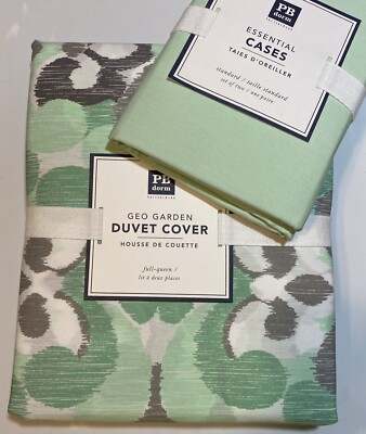 POTTERY BARN DORM GEO GARDEN GREEN GRAY DUVET COVER FULL/QUEEN + PILLOW CASES