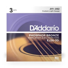 D'Addario EJ26-3D Phosphor Bronze Acoustic Guitar Strings, 11-52 Custom Light