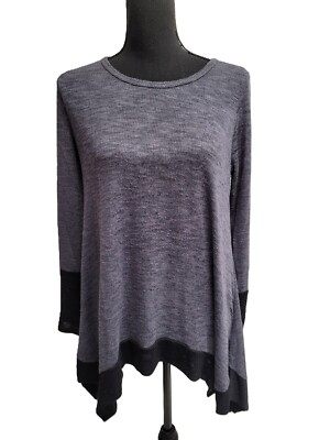 C Knit Top (S) Gray Black-Trim Scallop-Bottom Round Neck Long Sleeve