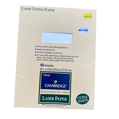 Vintage 1994 Mead Cambridge White Heavyweight 25% Cotton Laser Typing Paper 80Ct
