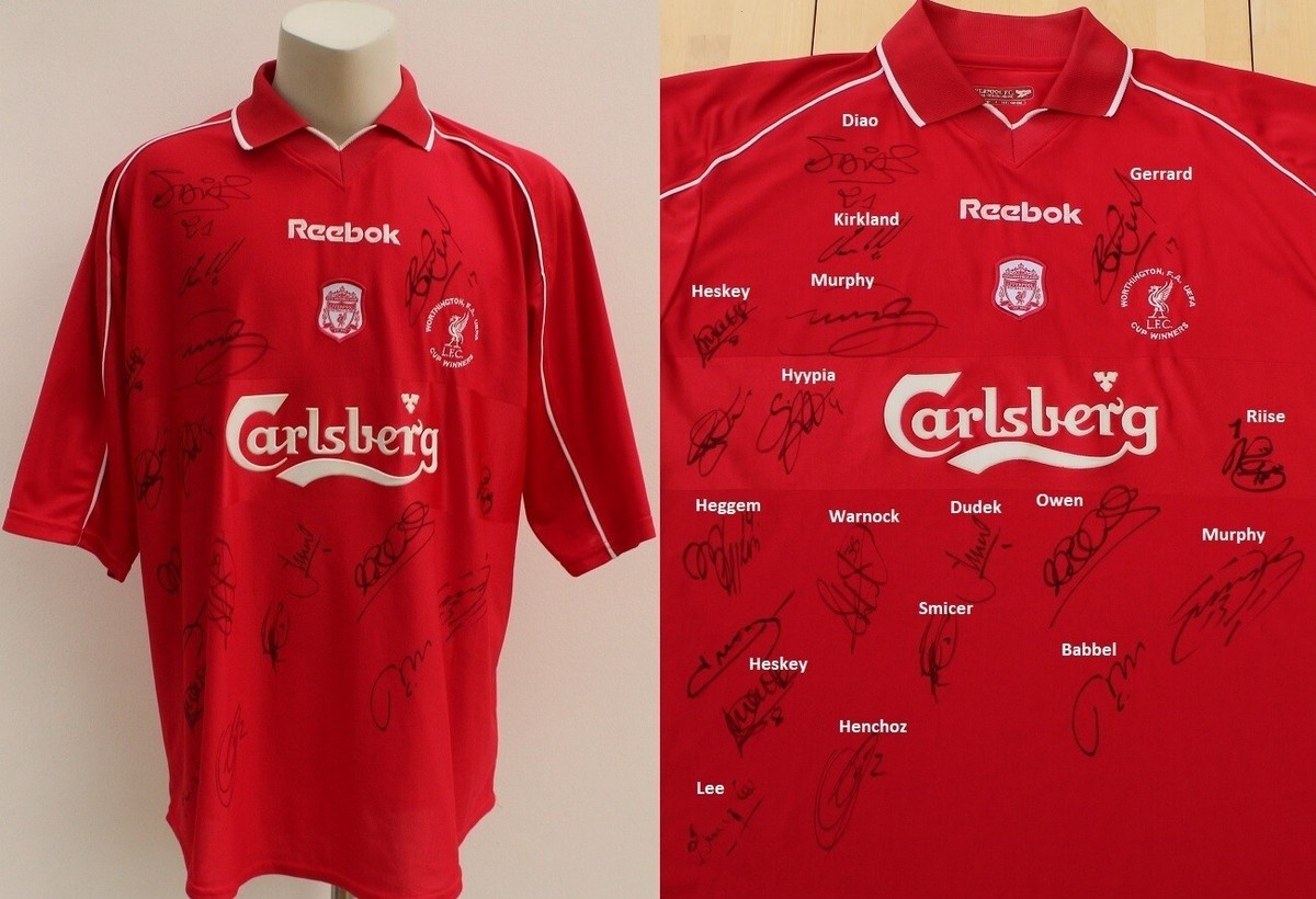 2000/2001リバプールUEFAカップ優勝記念サイン入りユニフォーム 2000-01 Liverpool Cup Treble Winners Shirt Squad Signed inc