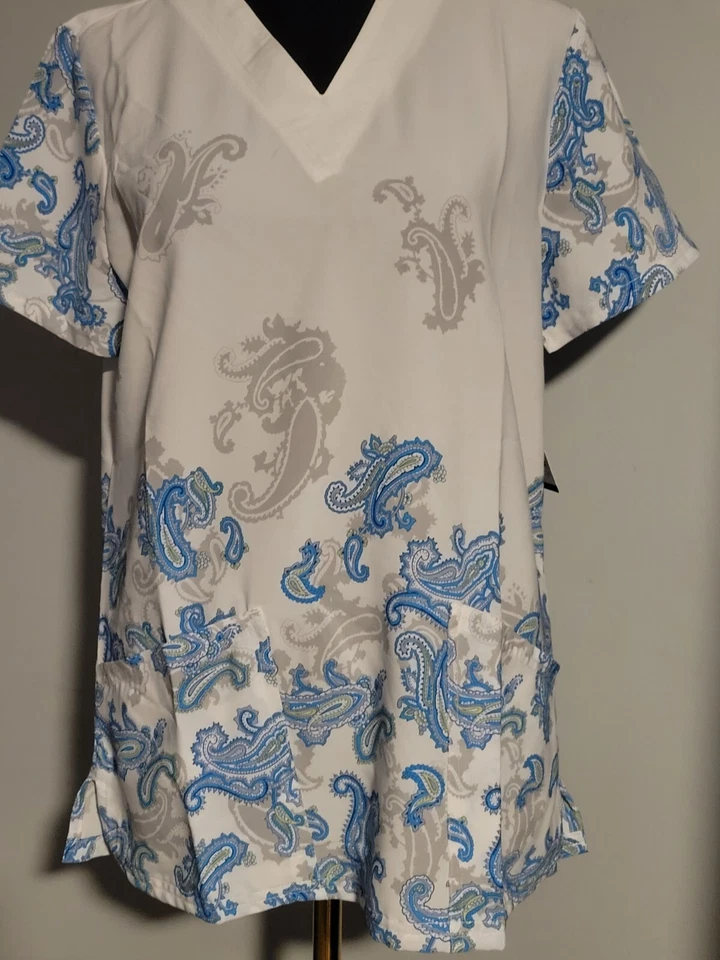 Women's Strictly Scrubs Stretch V Neck Scrub Top Paisley White/Blue Size S NWT - Image 2 of 4