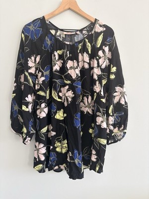 EVRI Top Black Floral Womens 2X 3/4 Balloon Sleeve Flowy Button Neck