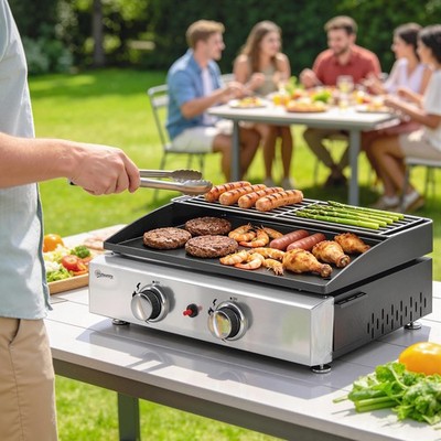 Outsunny Gasgrill 5 KW Tischgrill mit 2 Brenner Grillrost Warmhalterost