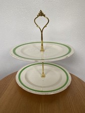 2-tier Cake Stand Genuine Vintage China green & gold edge trim