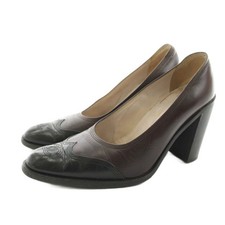CHANEL Pumps Chunky Heel Leather Brown Black Women's Size EU36.5/US6