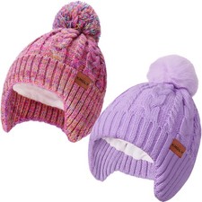 2 PCS Kids Toddler Winter Hat Thick Warm Beanies Pom Pom Fleece Lined Earflap