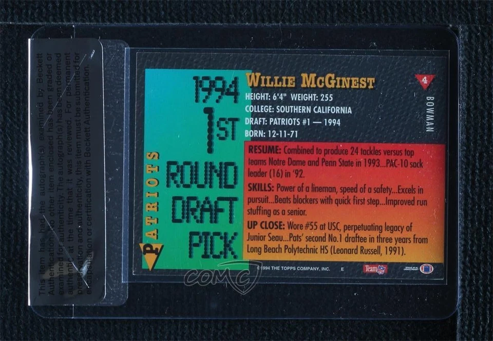 BAS 1994 Bowman Willie McGinest #4 Seal of Authenticity Auto Rookie RC - Image 2 of 2