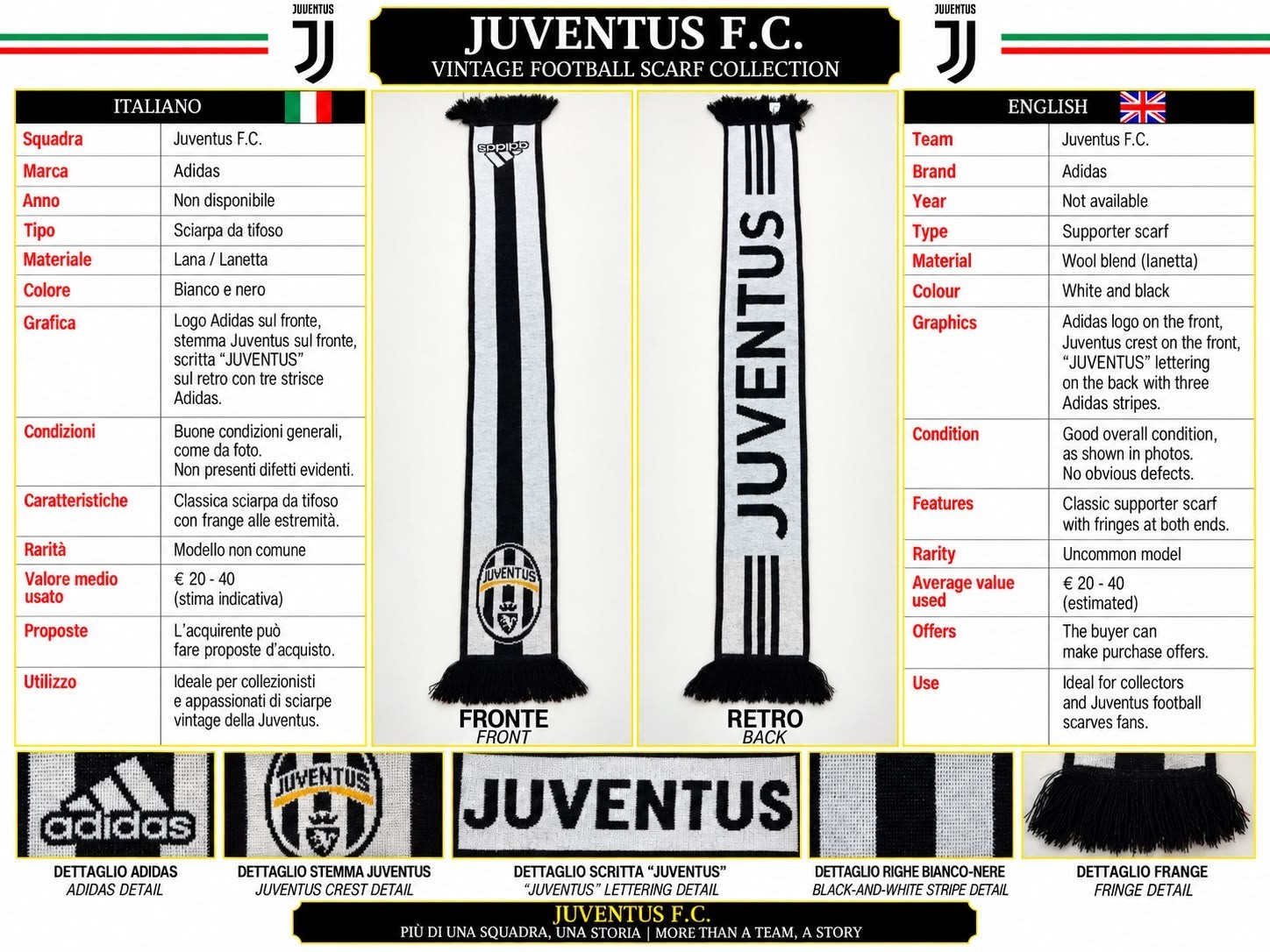 Seb221 Juventus Adidas Original Wool Scarf Luigi 1994 Vintage