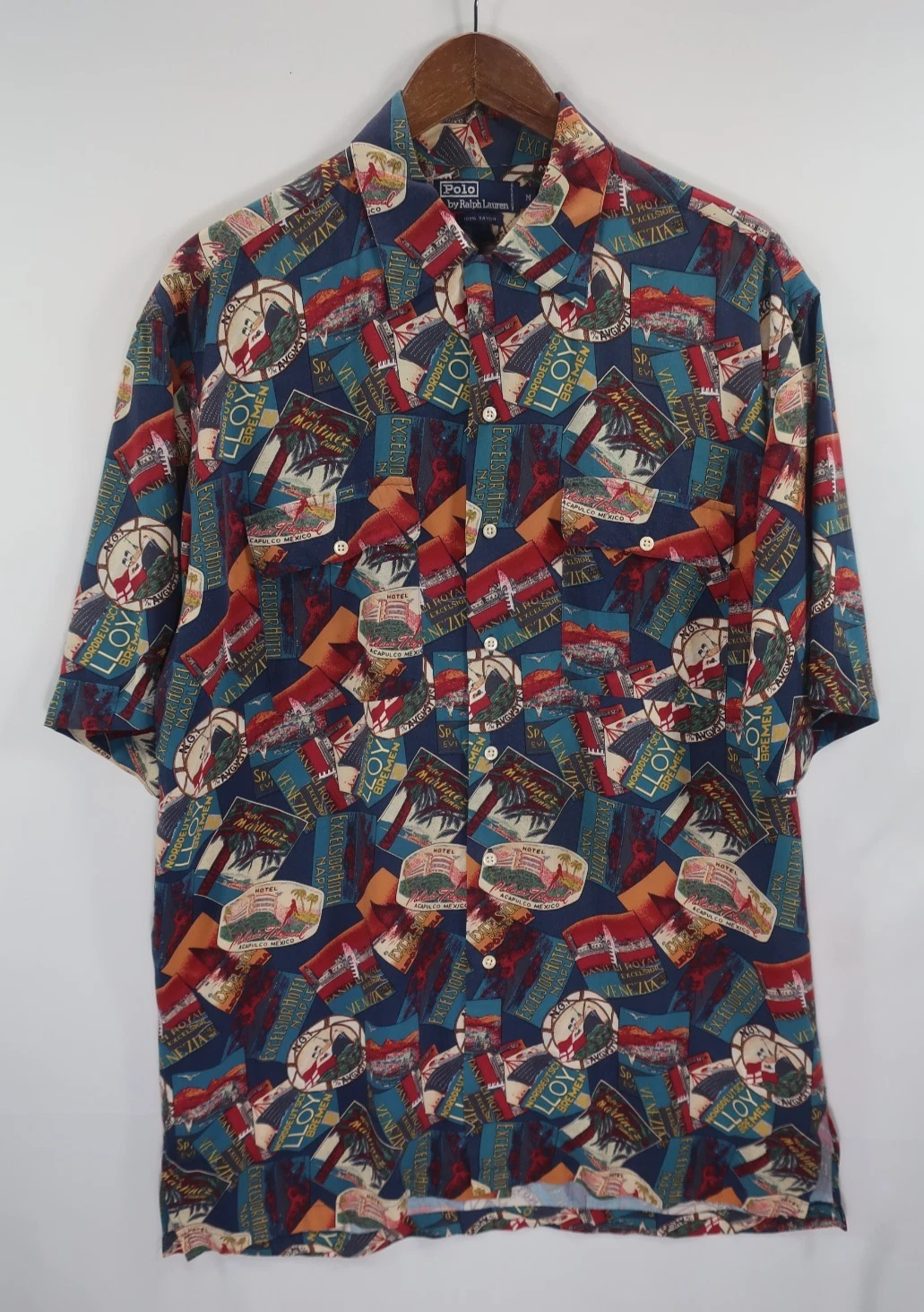 Vintage Ralph Lauren Rayon Hawaiian Shirt Size M Travel Postcard AOP Button Up