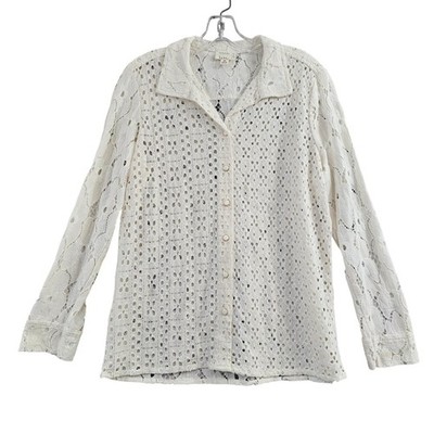 Nicole Miller Artelier Lace Button Up Shirt Womens Medium White Floral Eyelet